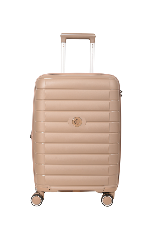 A beige hard-shell spinner suitcase with a telescopic handle extended, featuring a horizontal ribbed design and a circular front lock, isolated on a white background.