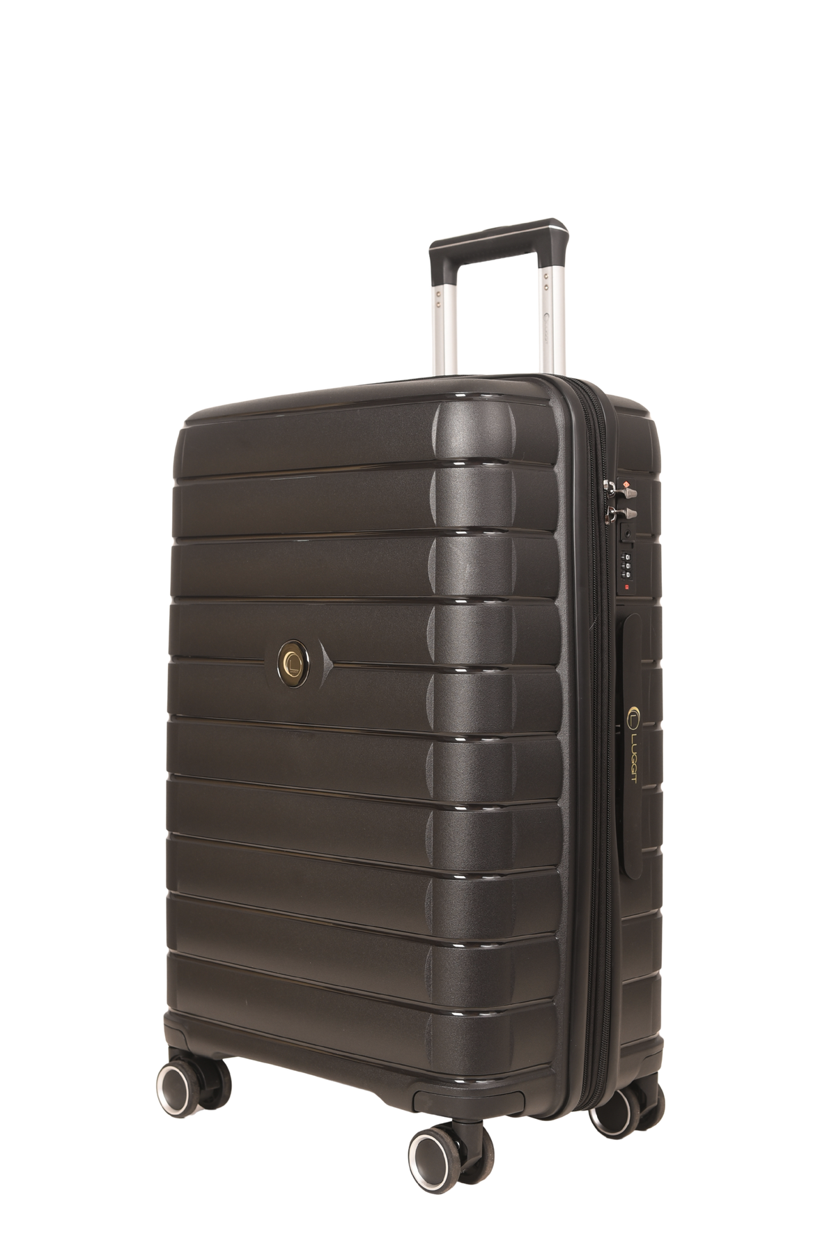 A dark brown hard-shell spinner suitcase with a textured, horizontally ribbed design, featuring an extended telescopic handle and four multi-directional wheels, shown on a plain white background.