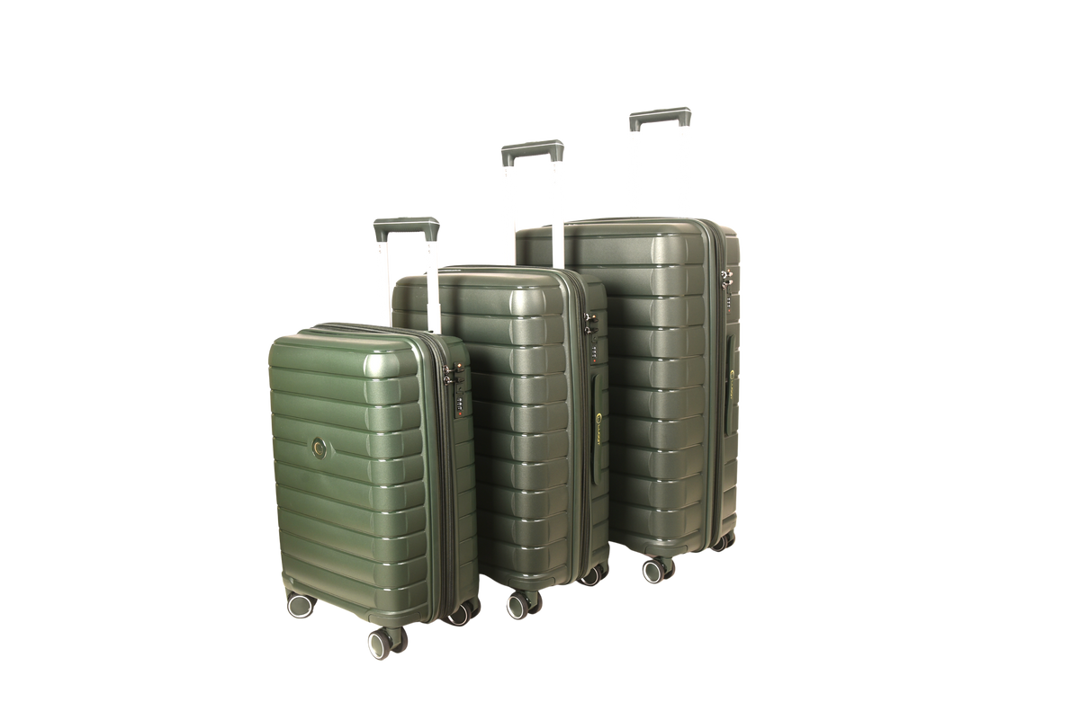 Three hard-shell spinner suitcases in a matching olive green color, arranged by size on a plain white background.