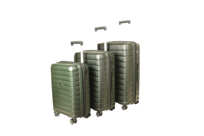 Three hard-shell spinner suitcases in a matching olive green color, arranged by size on a plain white background.