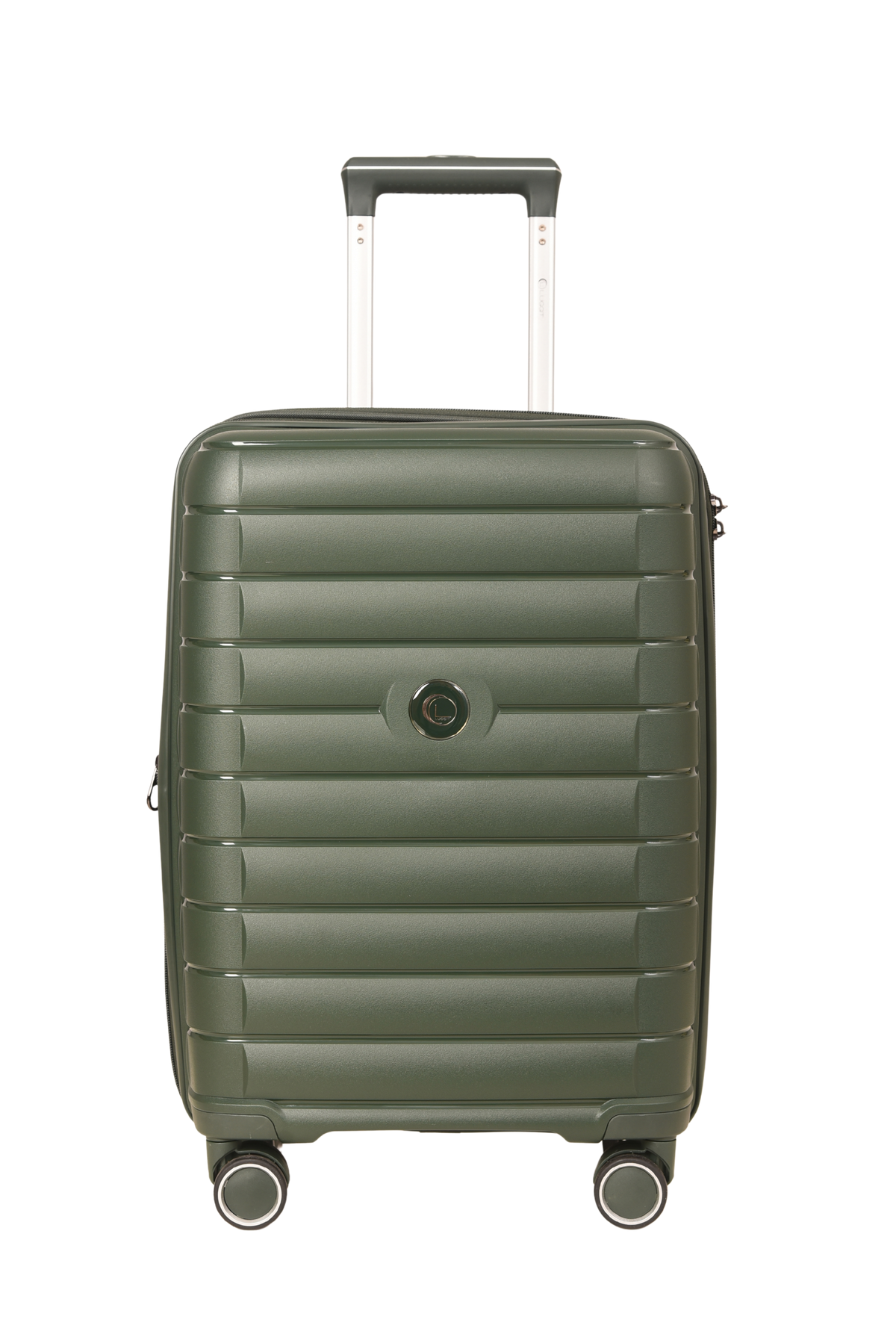 A hard-shell spinner suitcase in olive green with horizontal ridges, a telescoping handle extended, and four wheels, shown against a plain white background.