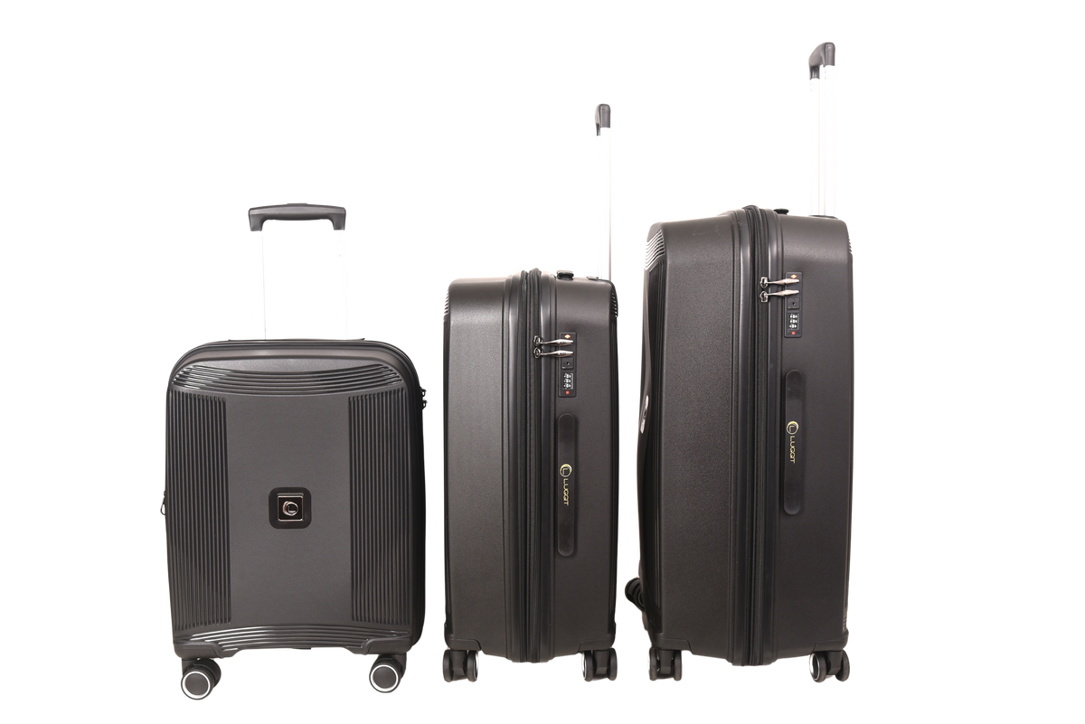 Three hard-shell spinner suitcases in matte black, shown in different sizes against a plain white background.