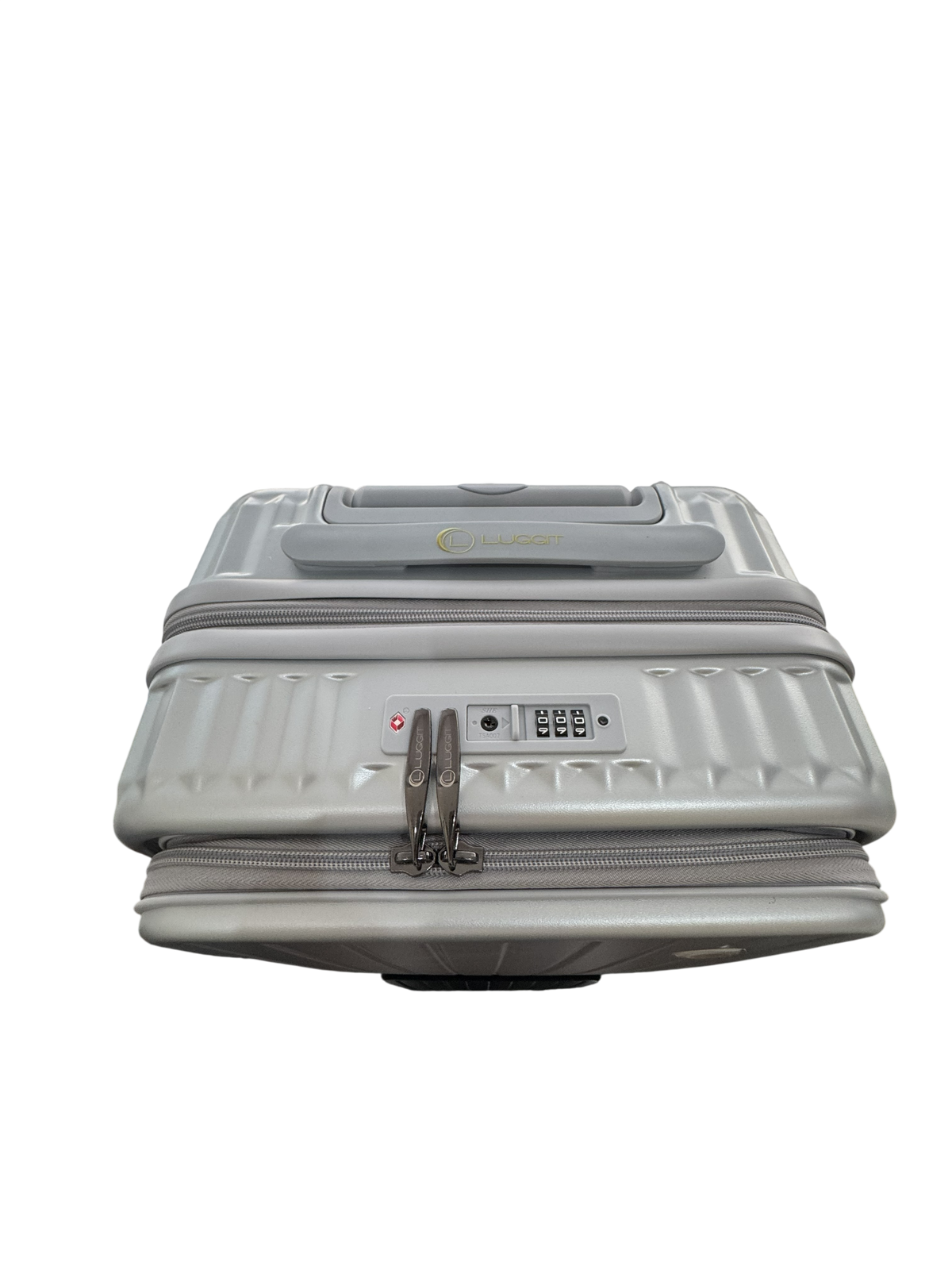 A light gray hard-shell suitcase with a telescoping handle, textured vertical ridges, a zippered main compartment, and a front combination lock with a red power button, shown on a plain white background.