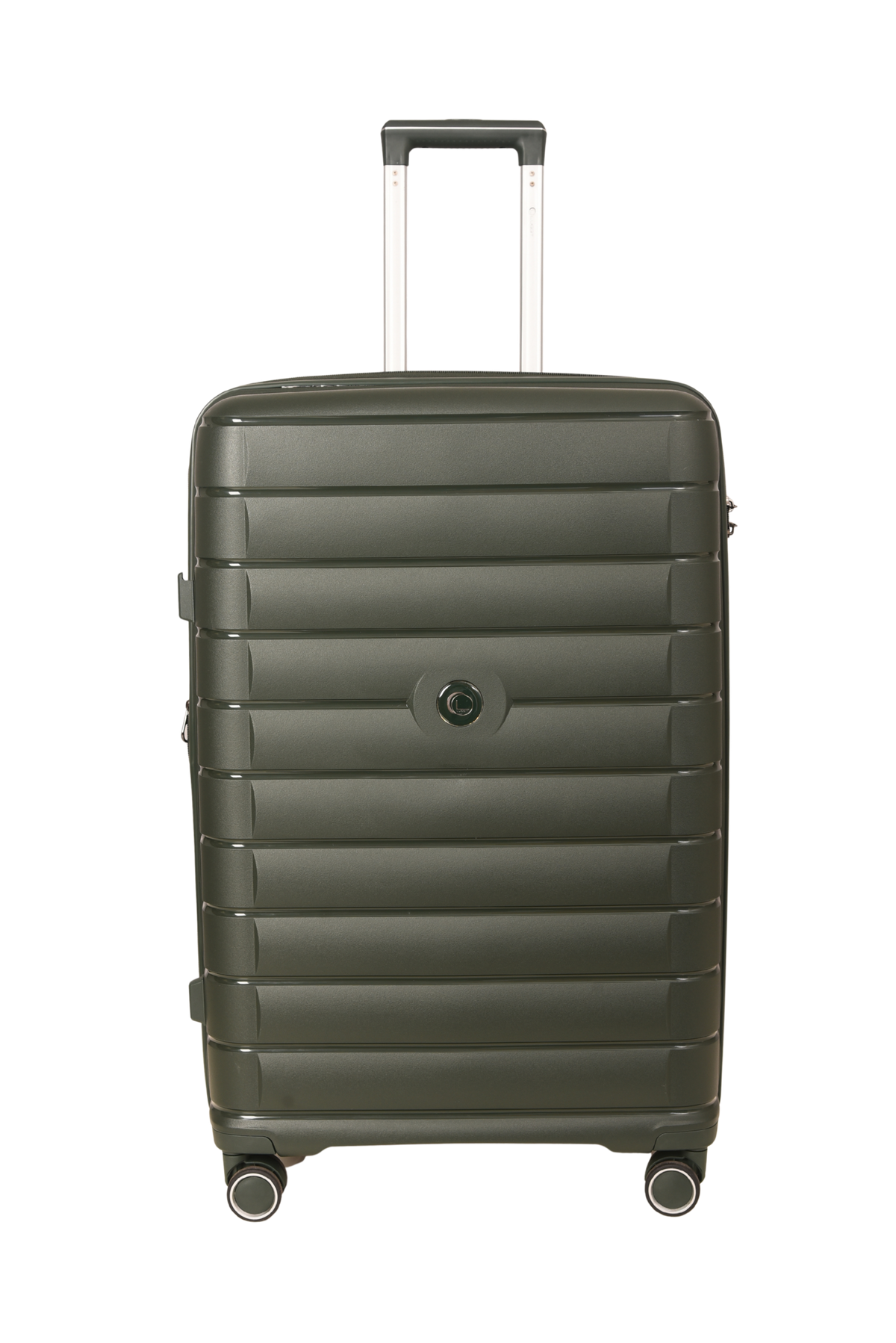 A hard-shell spinner suitcase in a dark olive green color, featuring horizontal ribbed detailing, a telescoping handle, and four wheels, shown against a plain white background.