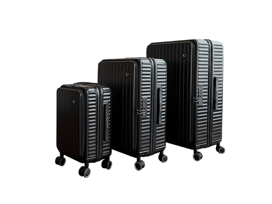 Three-piece black hard-shell spinner luggage set with a ribbed texture, shown on a solid white background.