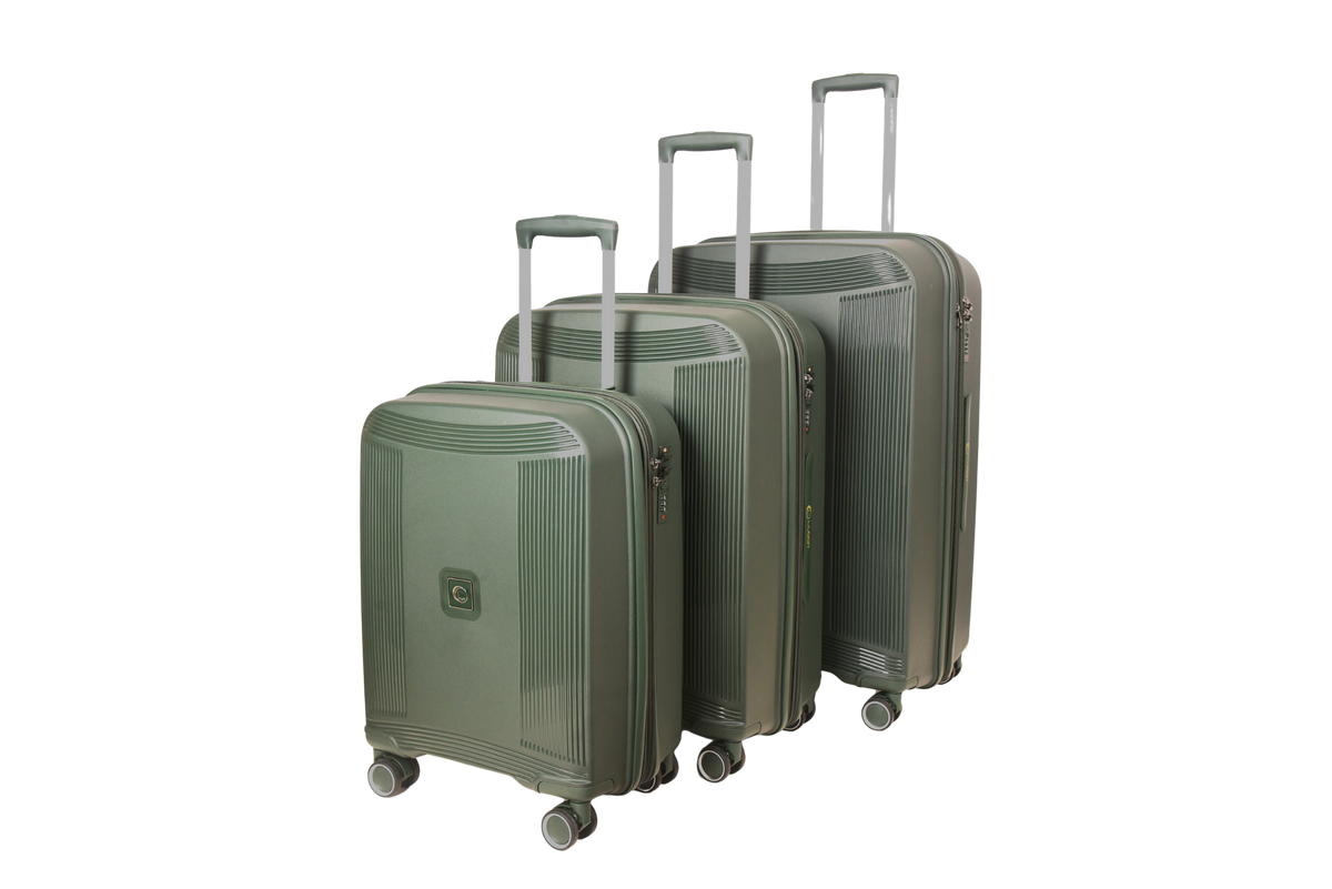 Three hard-shell spinner suitcases in a matching olive green set, arranged by size with telescoping handles extended, on a plain white background.