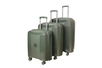Three hard-shell spinner suitcases in a matching olive green set, arranged by size with telescoping handles extended, on a plain white background.