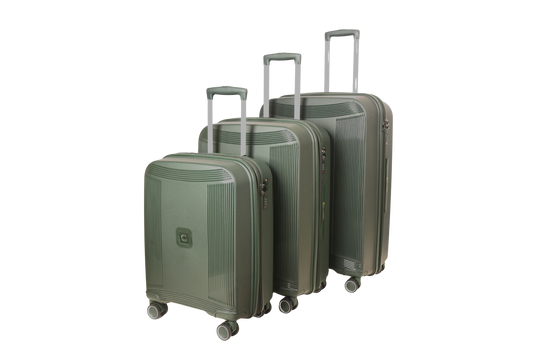 Three hard-shell spinner suitcases in a matching olive green set, arranged by size with telescoping handles extended, on a plain white background.