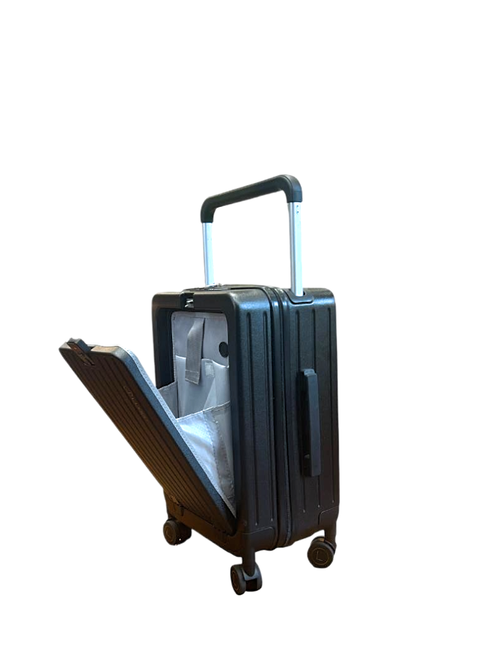 Black suitcase with open compartment on a white background