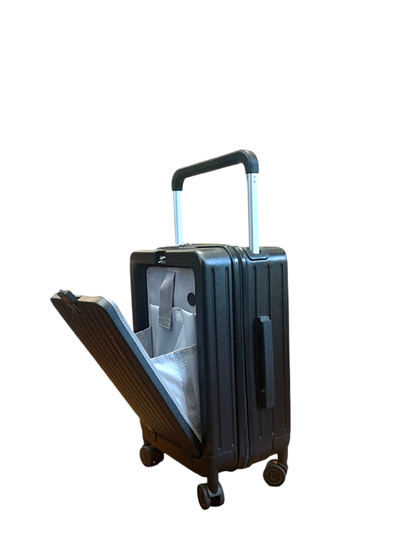 Black suitcase with open compartment on a white background