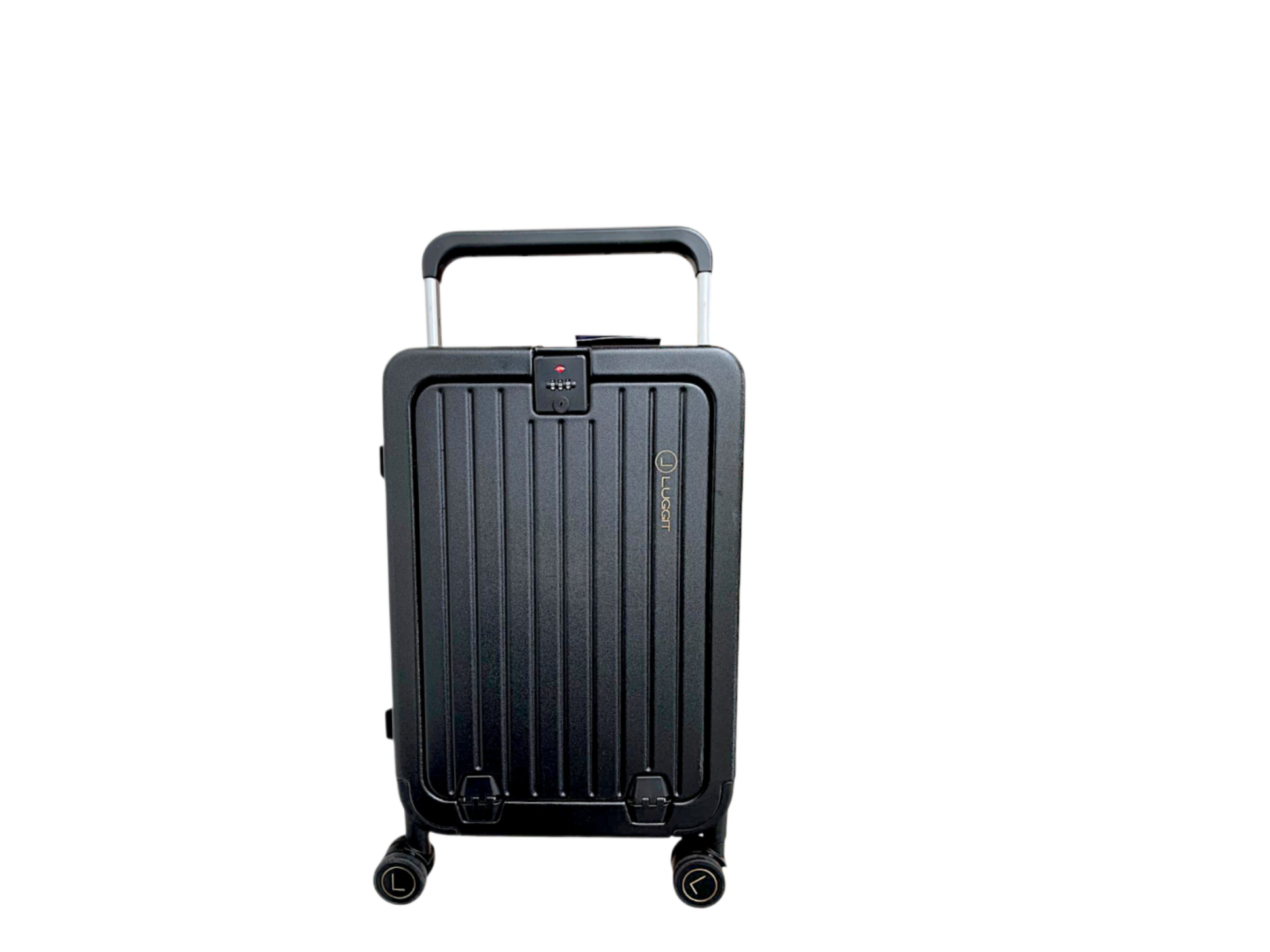 Black suitcase with a handle on a white background luggit