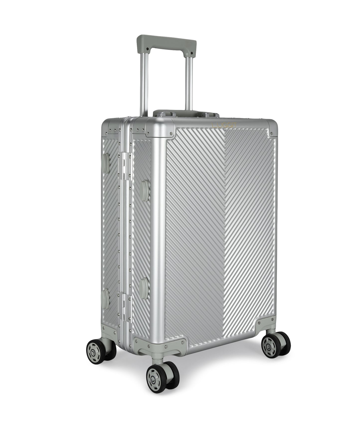 Silver suitcase with a geometric pattern on a white background