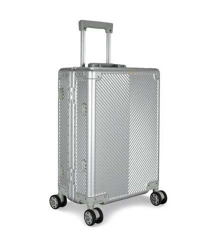 Silver suitcase with a geometric pattern on a white background