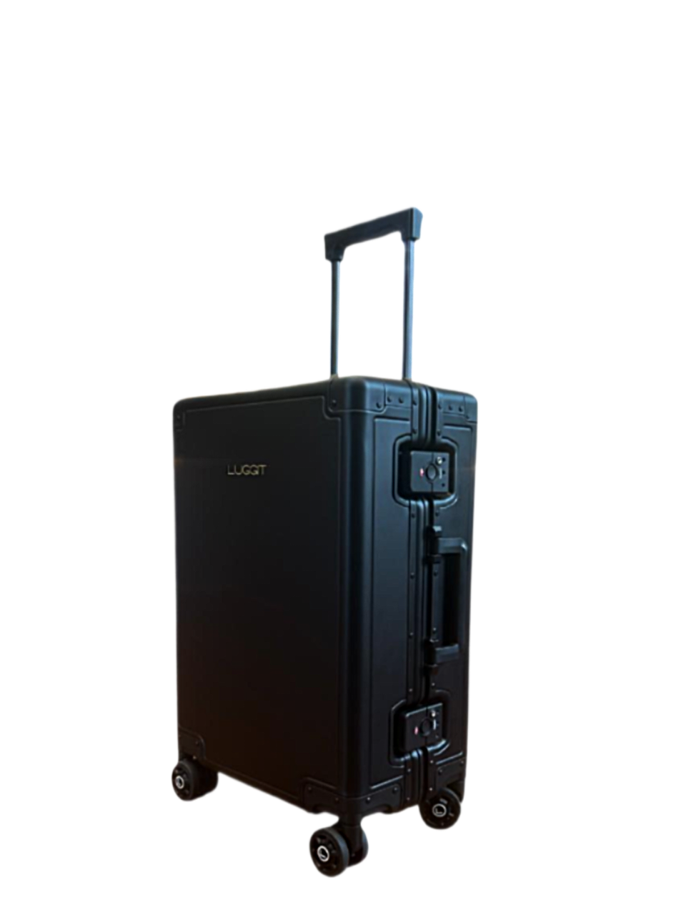 Black suitcase with wheels on a white luggit