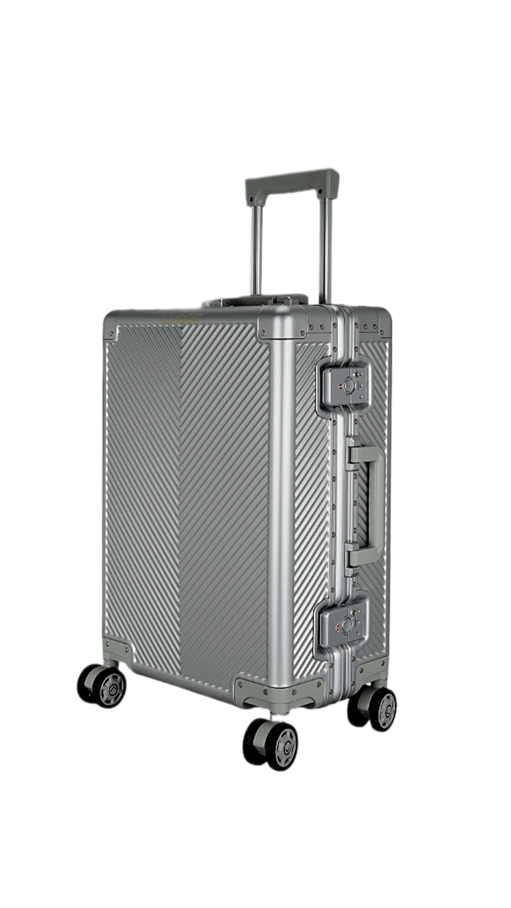 Silver suitcase with wheels and sovereign circle
