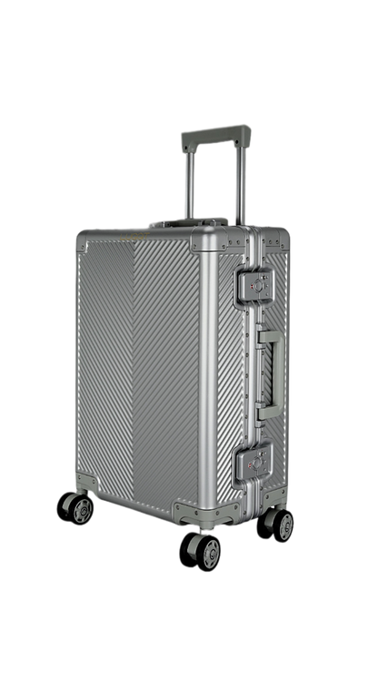 Silver suitcase with wheels and sovereign circle