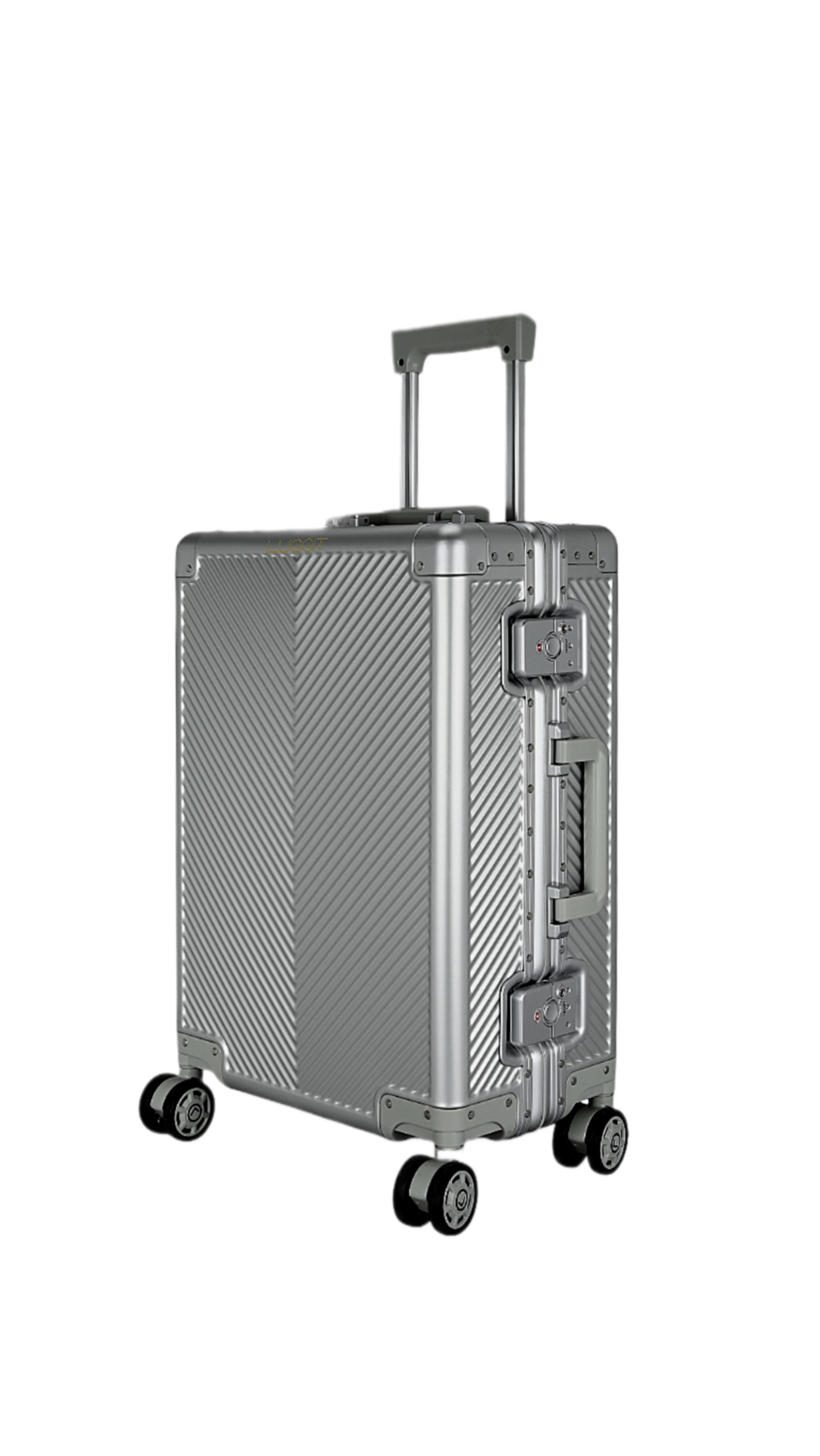 Silver suitcase with wheels on a white background