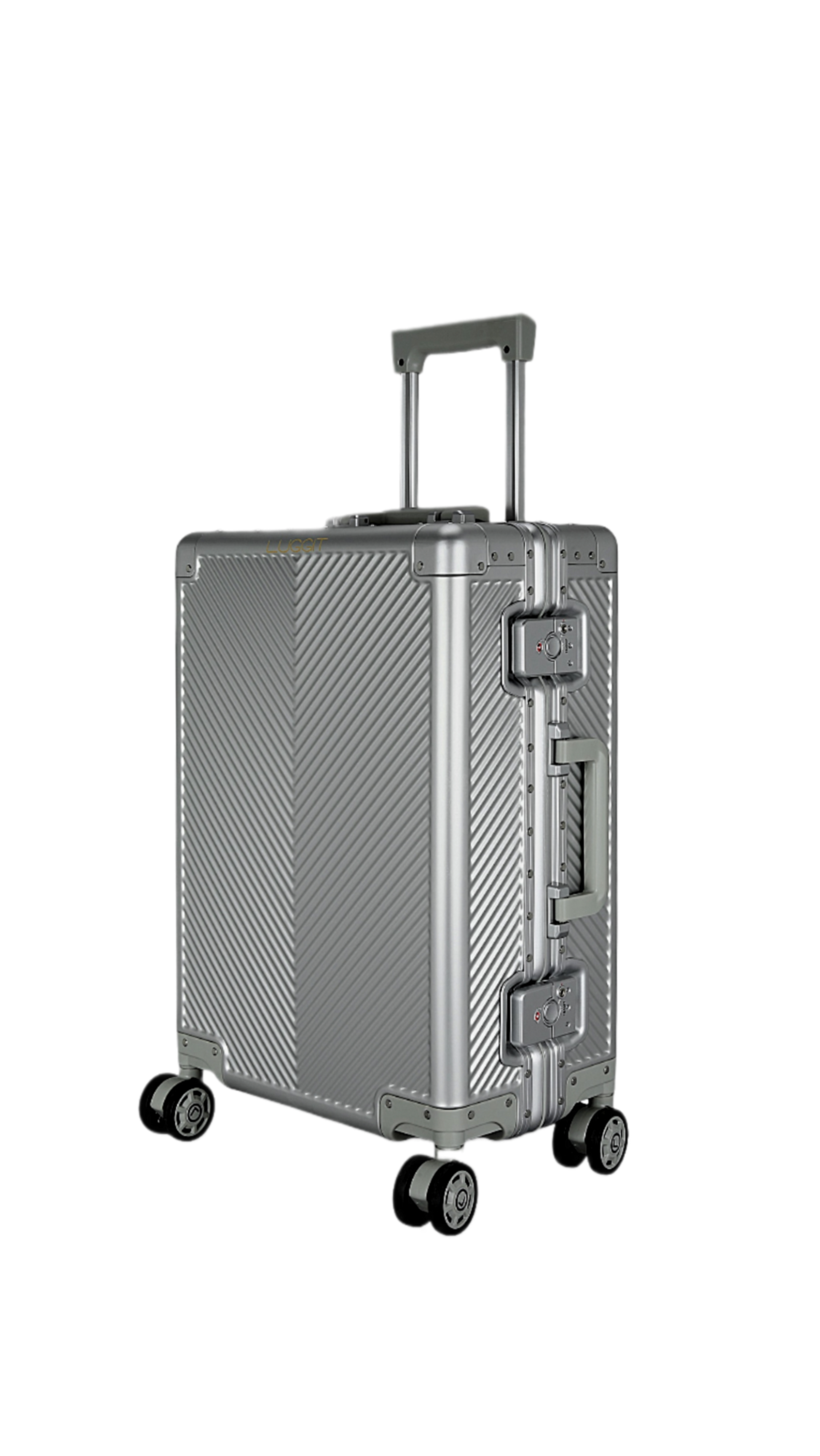 Silver suitcase with wheels on a white background