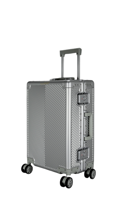 Silver suitcase with wheels on a white background