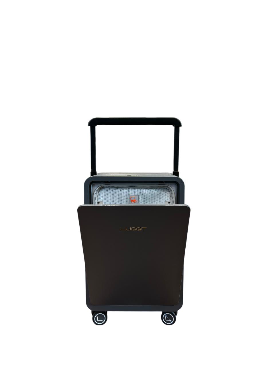 Black suitcase with wheels on a white background