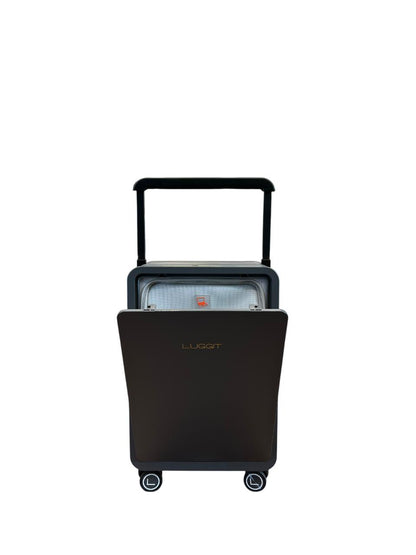 Black suitcase with wheels on a white background