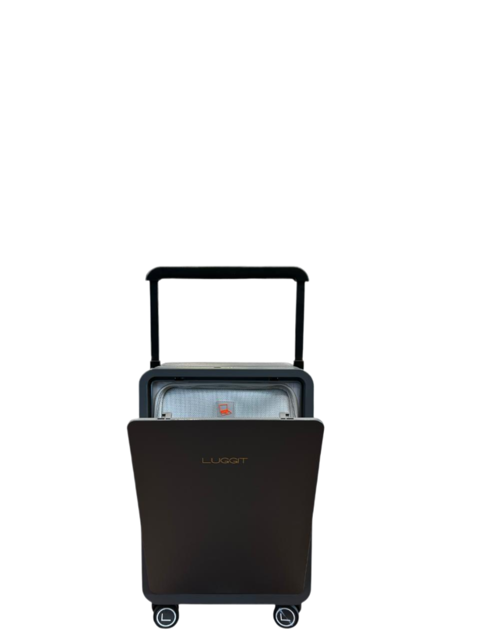 Black suitcase with wheels on a white background