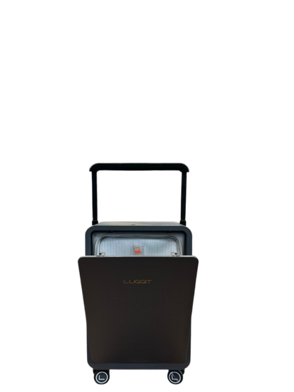 Black suitcase with wheels on a white background