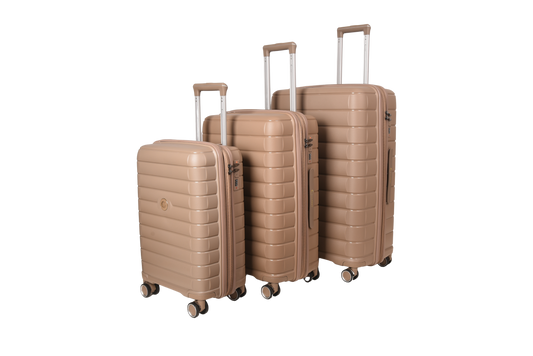 Three-piece set of hard-shell spinner suitcases in a matching beige/tan color, arranged by size from smallest to tallest on a plain white background.