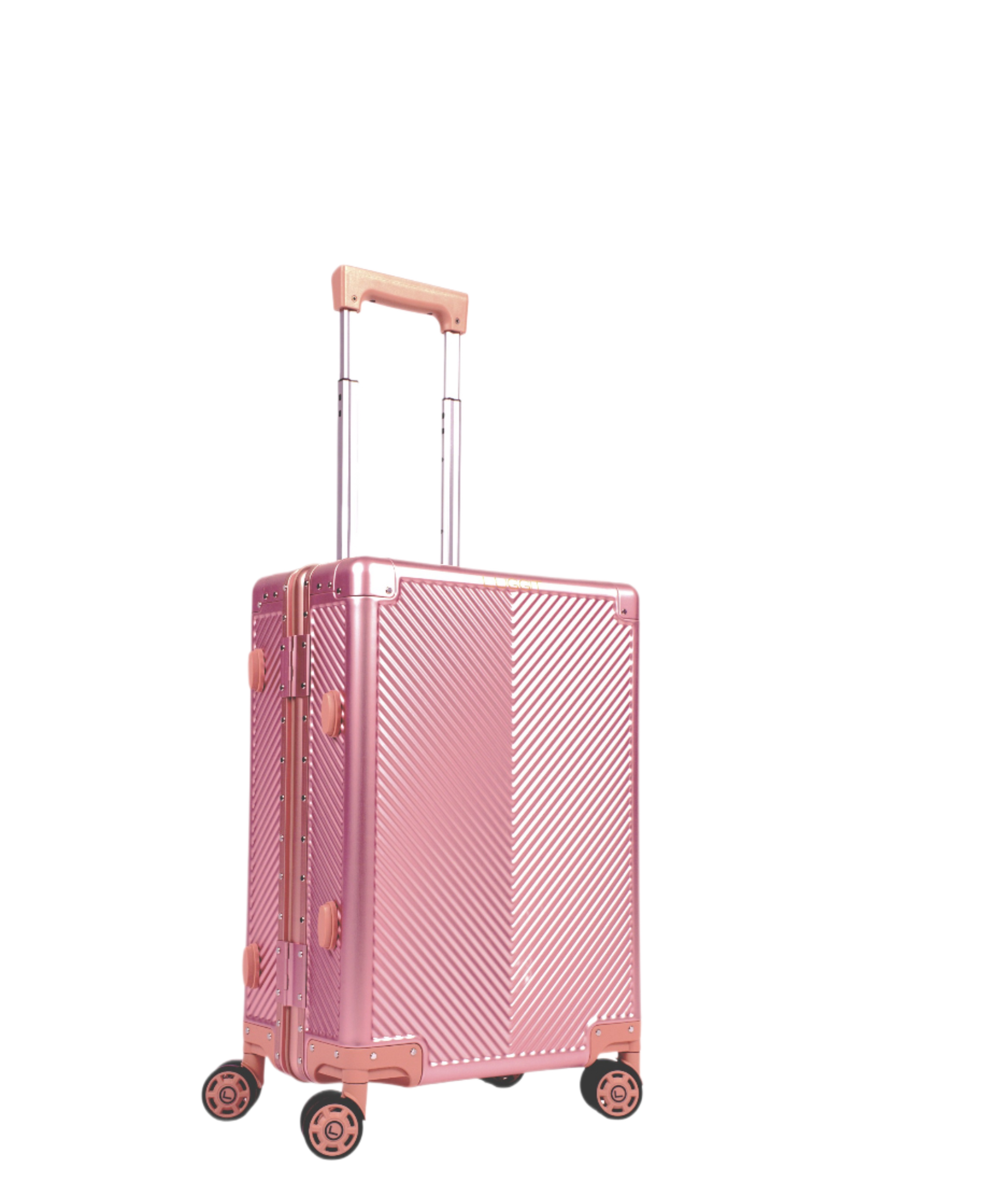 Pink suitcase with a geometric pattern on a white background