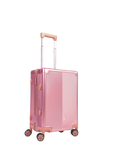 Pink suitcase with a geometric pattern on a white background