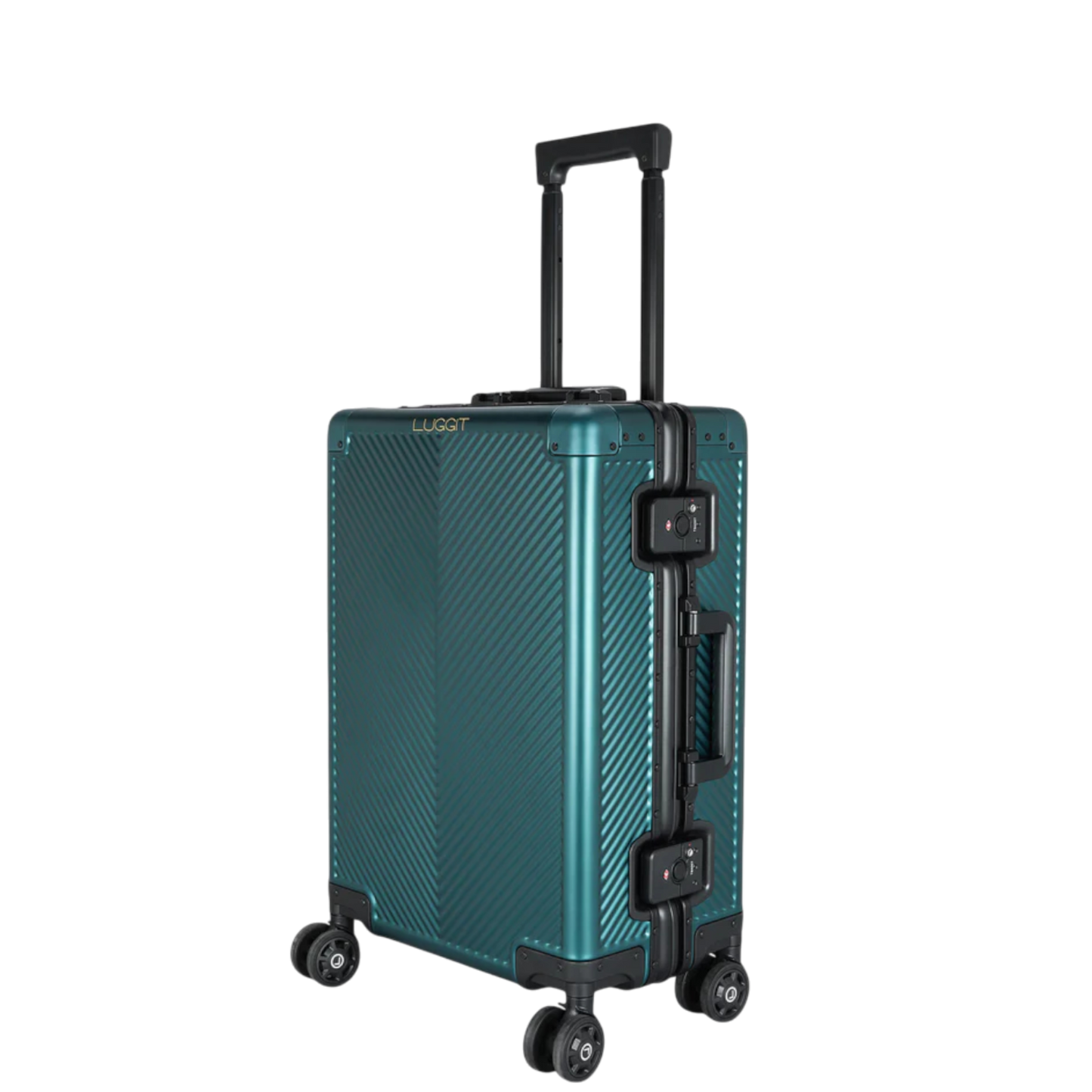 Teal suitcase with black handle and wheels on a white background