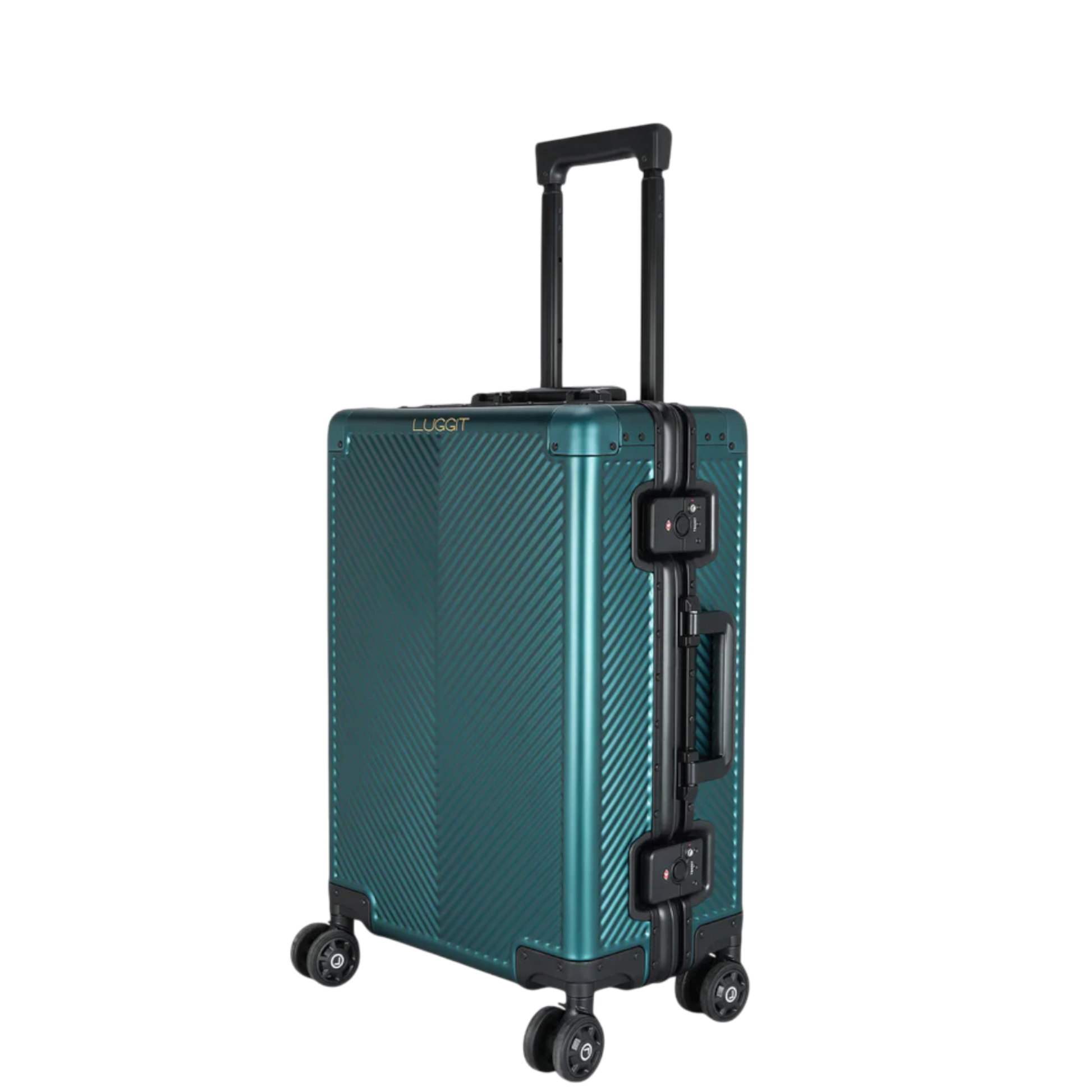 Teal suitcase with black handle and wheels on a white background