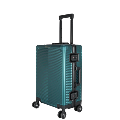 Teal suitcase with black handle and wheels on a white background