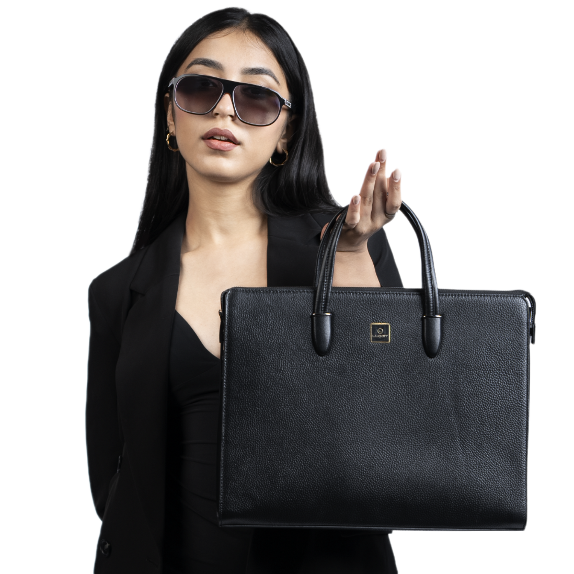 Woman holding a black briefcase against a white background