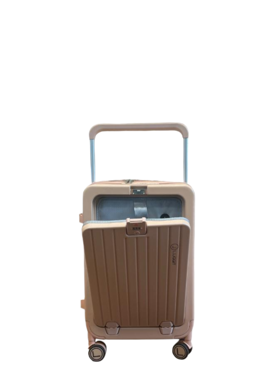 Beige suitcase with wheels and handle on a white background luggit