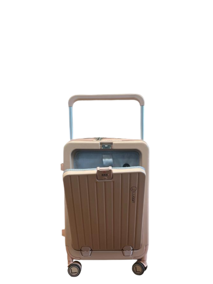 Beige suitcase with wheels and handle on a white background luggit