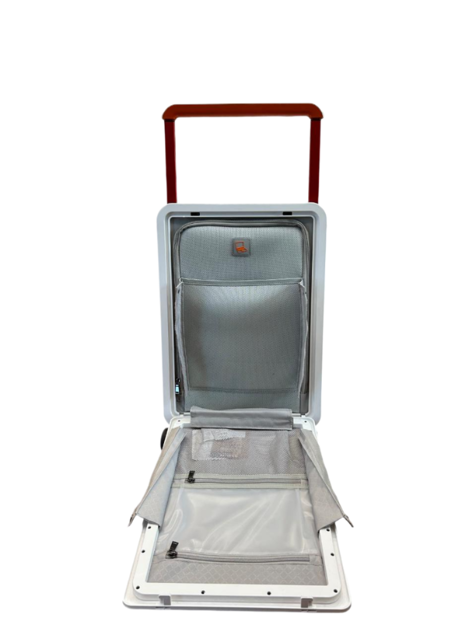 Gray suitcase with open lid on a white background