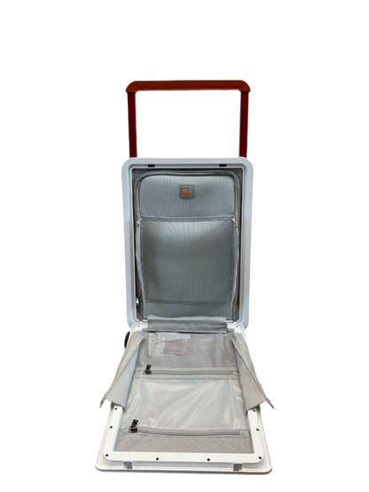 Gray suitcase with open lid on a white background