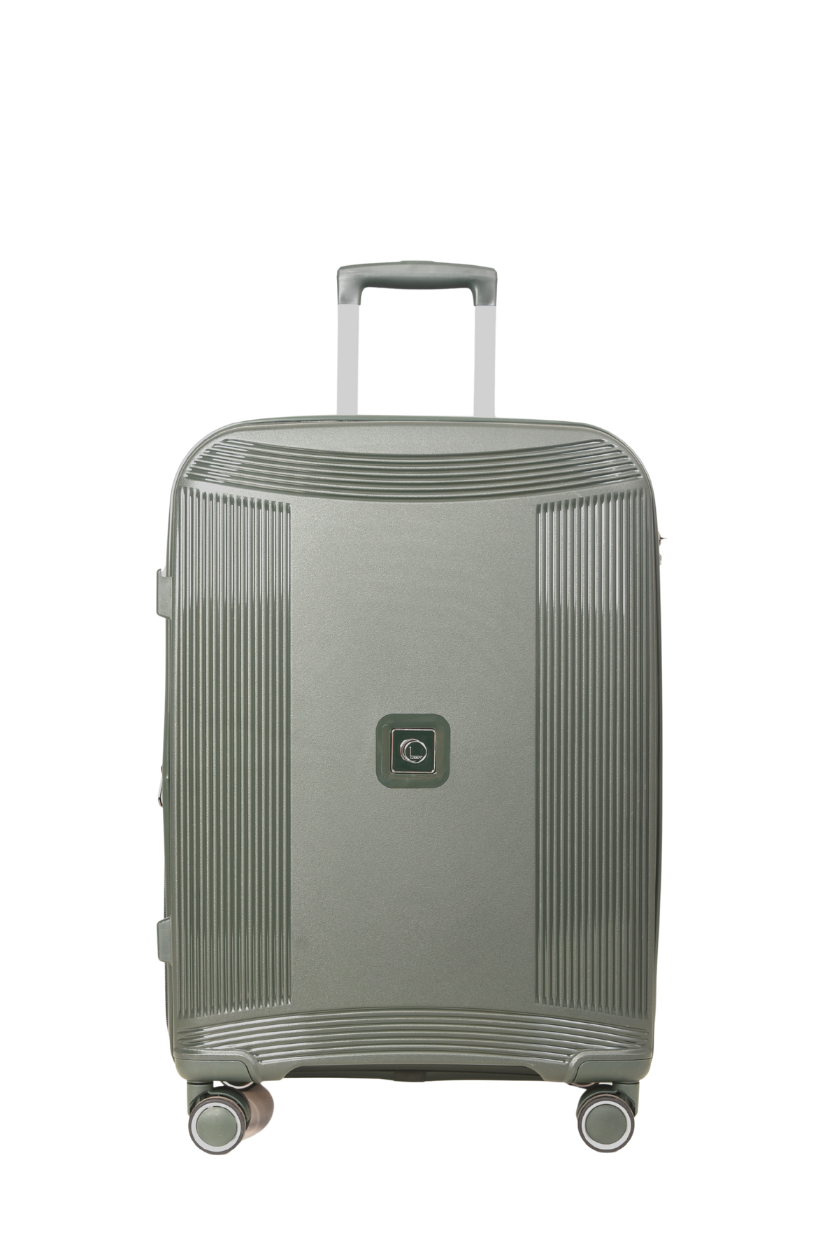A hard-shell spinner suitcase in a muted gray-green color, featuring a telescoping handle extended upwards and a small square brand badge on the front.