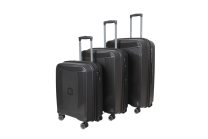 Three-piece set of hard-shell spinner suitcases in black, arranged by size, with telescoping handles extended, on a plain white background.