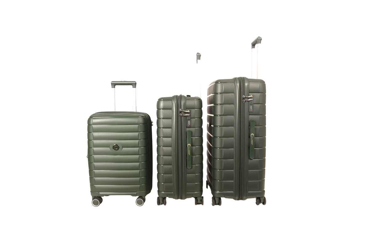 Three hard-shell spinner suitcases in a matching olive green color, arranged by size from left to right on a plain white background.