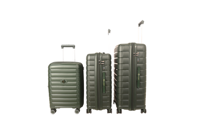 Three hard-shell spinner suitcases in a matching olive green color, arranged by size from left to right on a plain white background.