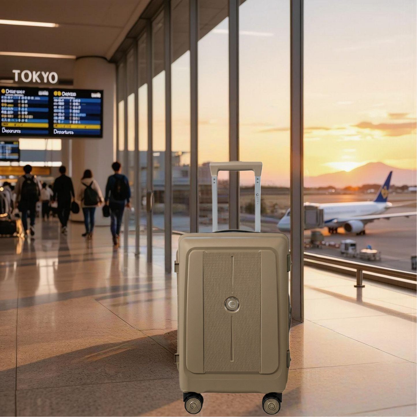 Beige suitcase in an airport terminal with a view of an airplane and sunset. luggit