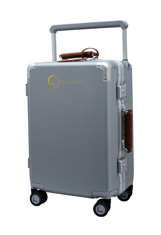 silver hard shell suitcase cabin and check-in luggage set modern design