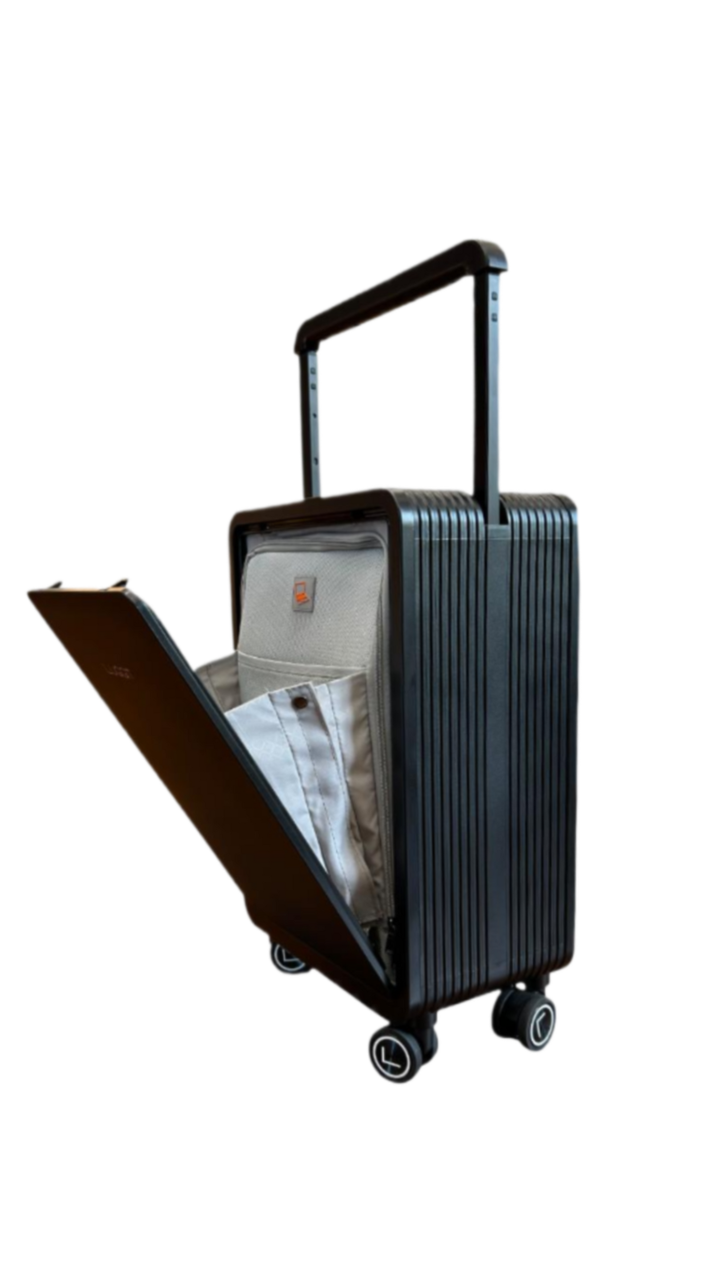 Black suitcase with open front compartment on a white background