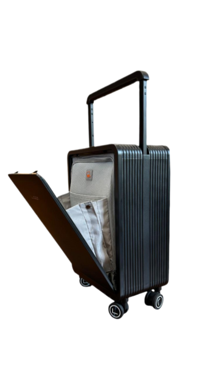 Black suitcase with open front compartment on a white background