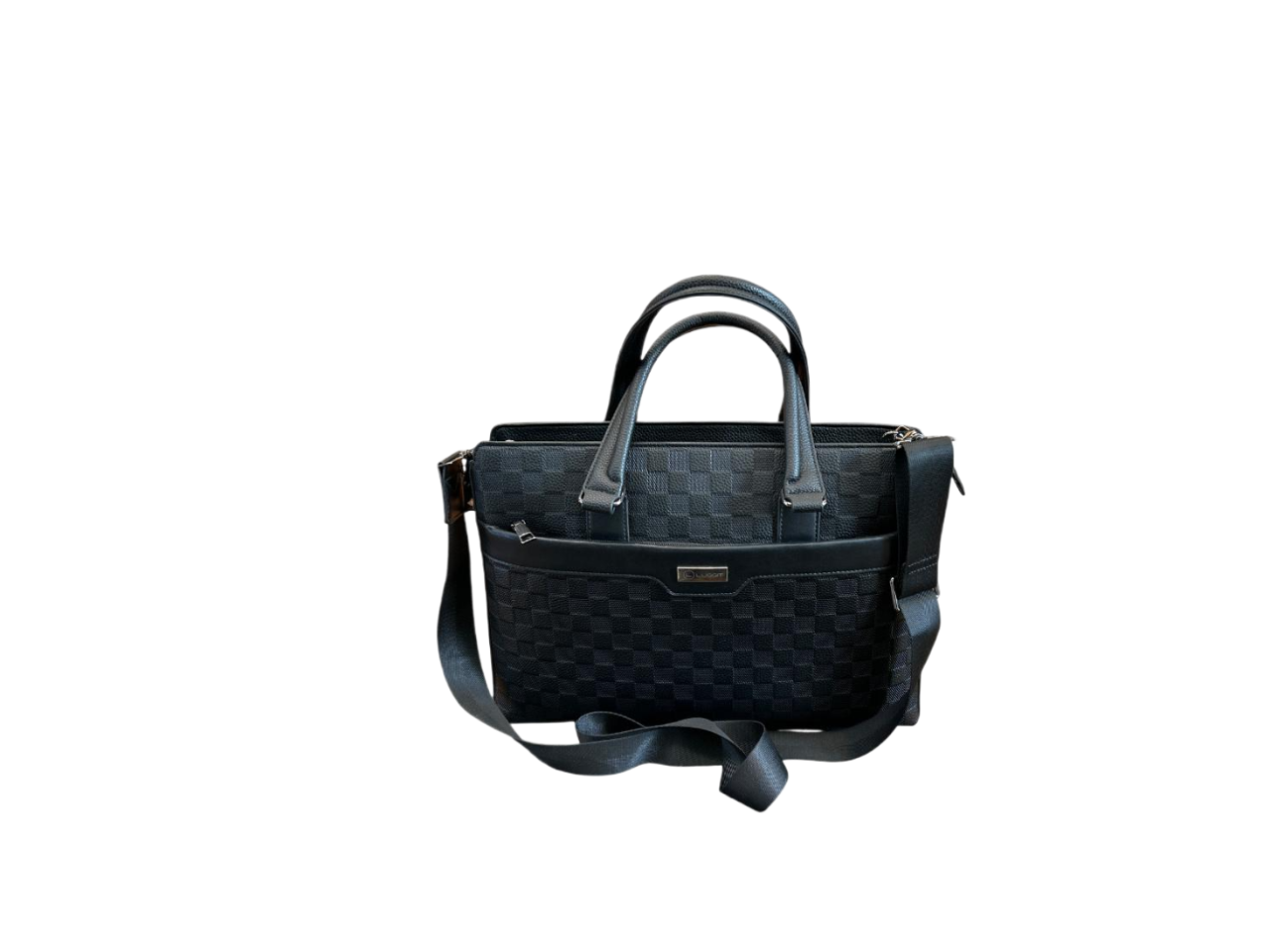 Black quilted handbag with a strap on a white background