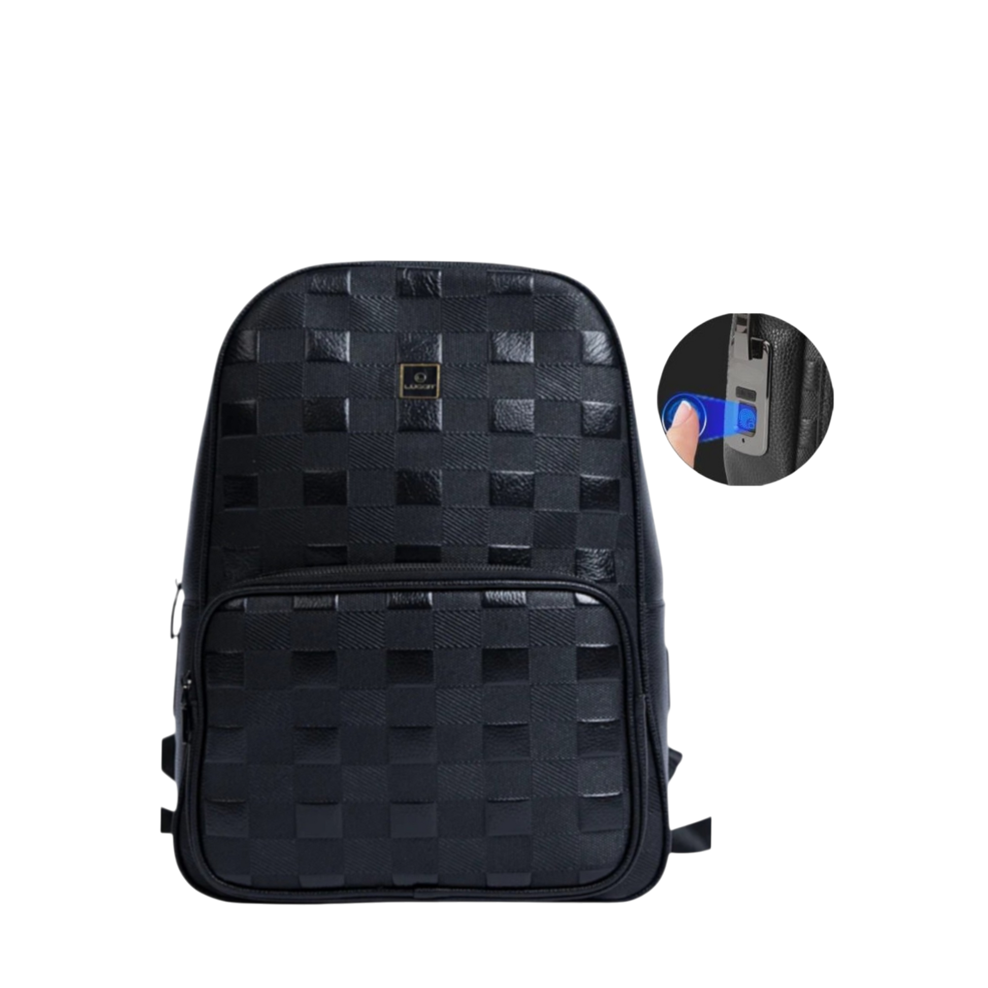 Black checkered backpack with a small inset showing a USB port.