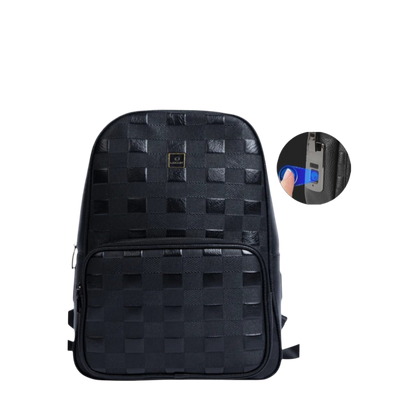 Black checkered backpack with a small inset showing a USB port.