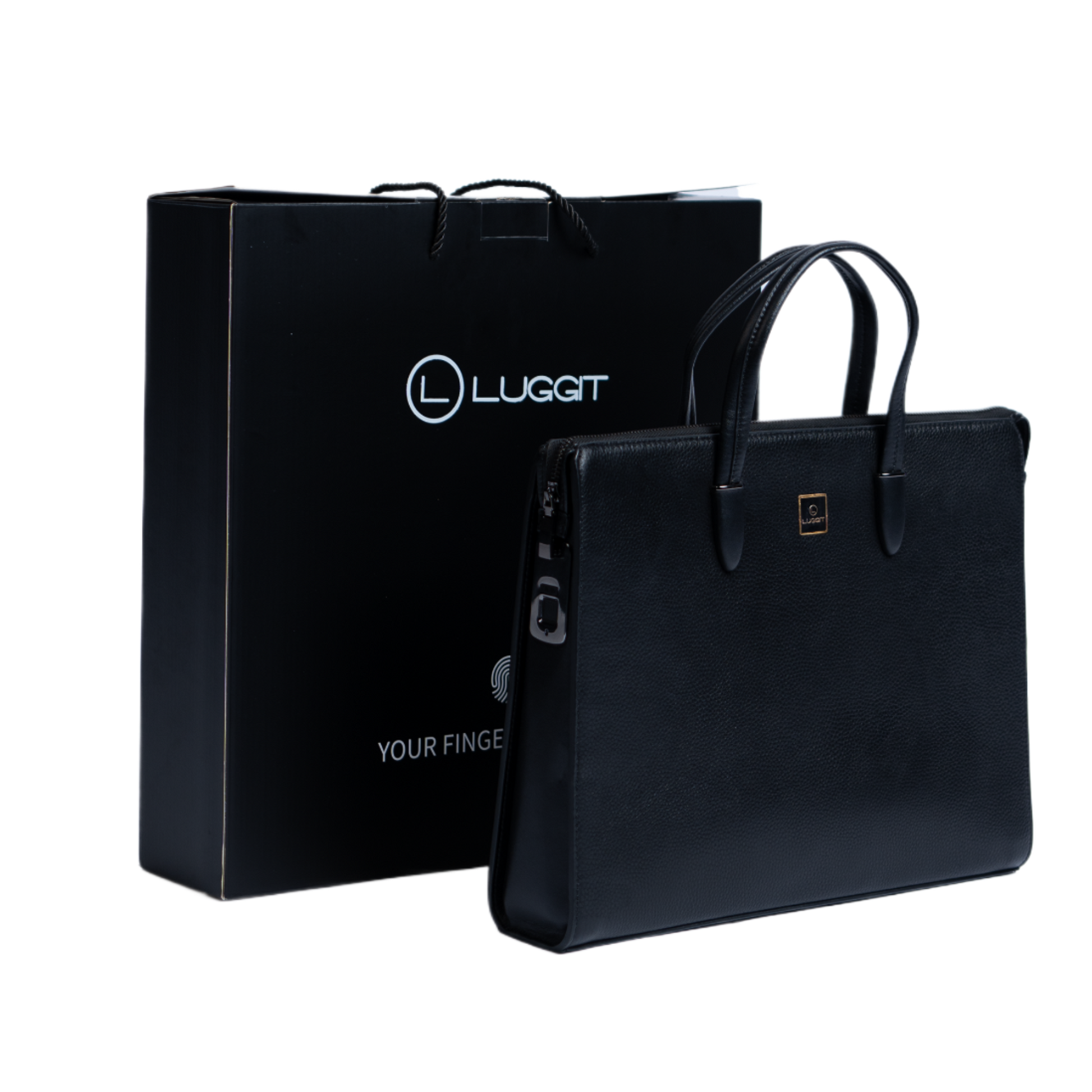 Black leather handbag with 'Luggit' branding next to a black Luggit shopping bag on a white background.